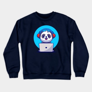 Cute Panda Listening Music With Headphone And Laptop Cartoon Crewneck Sweatshirt